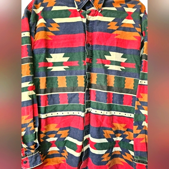 Vintage Men's New River J. Riggings Western Aztec Denim Longsleeve Button Up Top - Picture 7 of 13